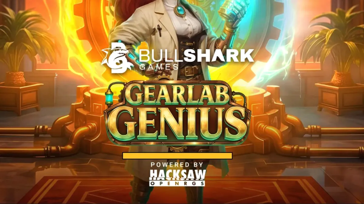 Interface do slot Gearlab Genius com engrenagens douradas e painel de controle steampunk