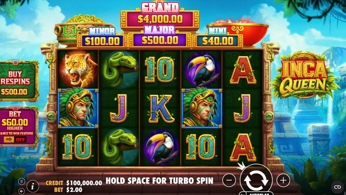 Interface do jogo de slot Inca Queen com símbolos temáticos e moedas douradas